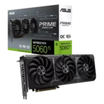تصویر کارت گرافیک ASUS PRIME RTX 5060 Ti OC 8GB – طراحی حرفه‌ای با دو فن، بدنه مشکی و نورپردازی ساده